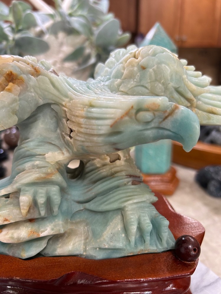 Amazonite Eagle hand carved on custom wood stand