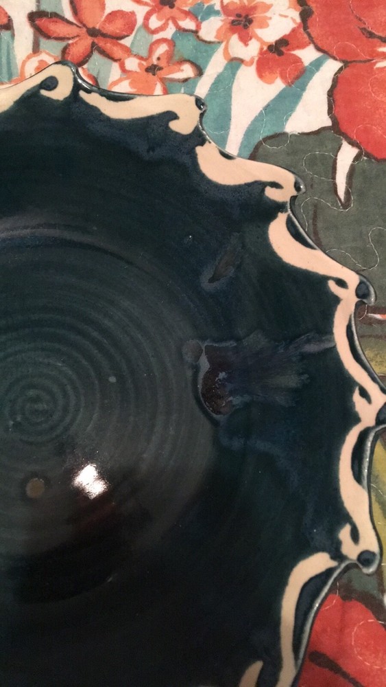 Handmade Pottery Blue Dish with Wave Pattern