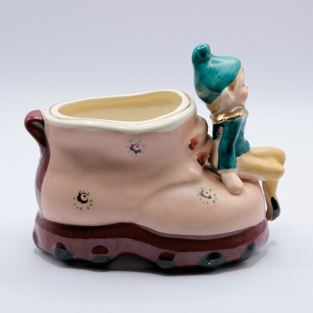 Whimsical Green Pixie Elf Figural Shoe Boot Ceramic Planter 1960s Kitsch Japan