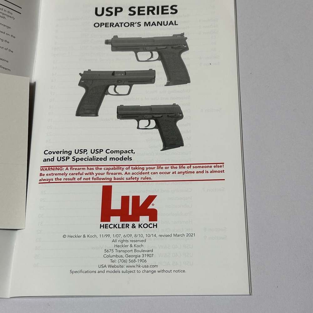 Heckler & Koch USP Operator's Manual for USP, Compact & Specialized Models