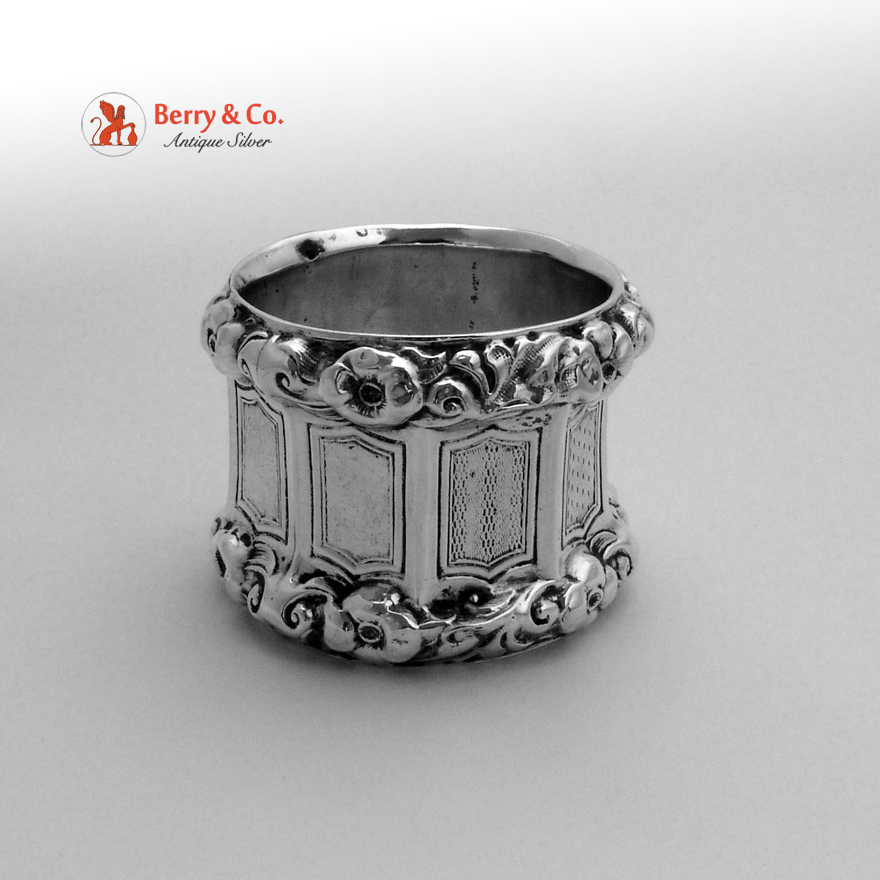 Nonagonal Baroque Wild Rose Napkin Ring 12 Loth German Silver 1855