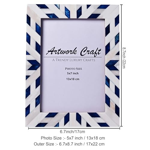 Boho 5x7 Bone Photo Frame – Handcrafted Aztec Chevron Pattern | 5x7 Inches Blue