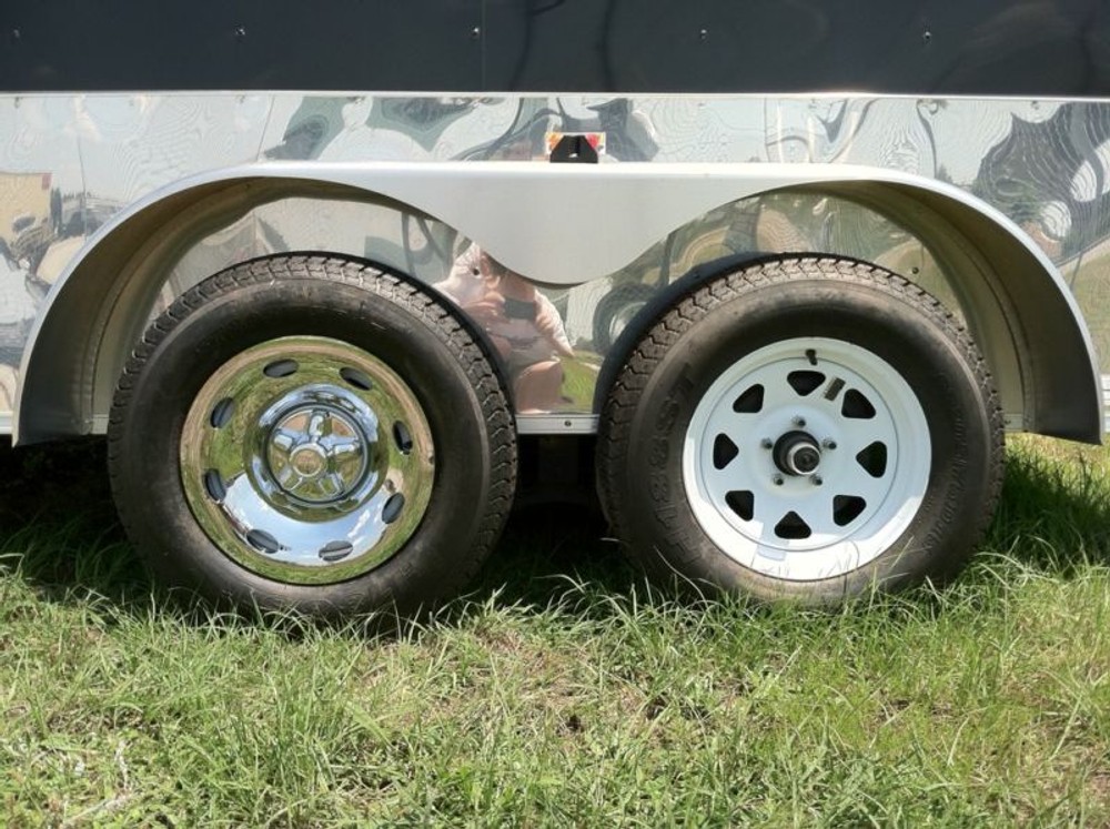 (1) 15" 2pc 5x4.5" BP Chrome Trailer Wheel Hub Cap Rim Covers