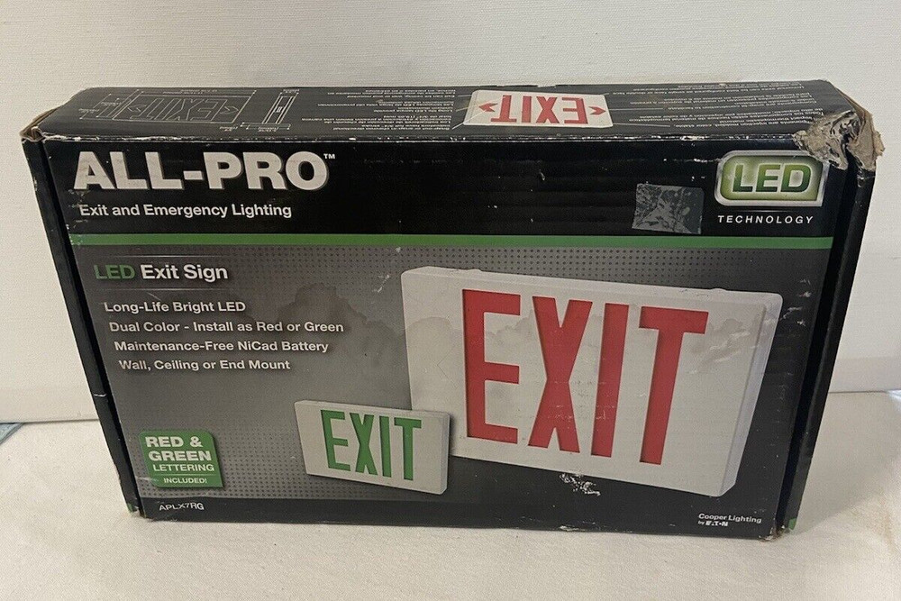 All Pro Exit & Emergency Lighting Sign LED Red Green Wall Ceiling End Mount NOS