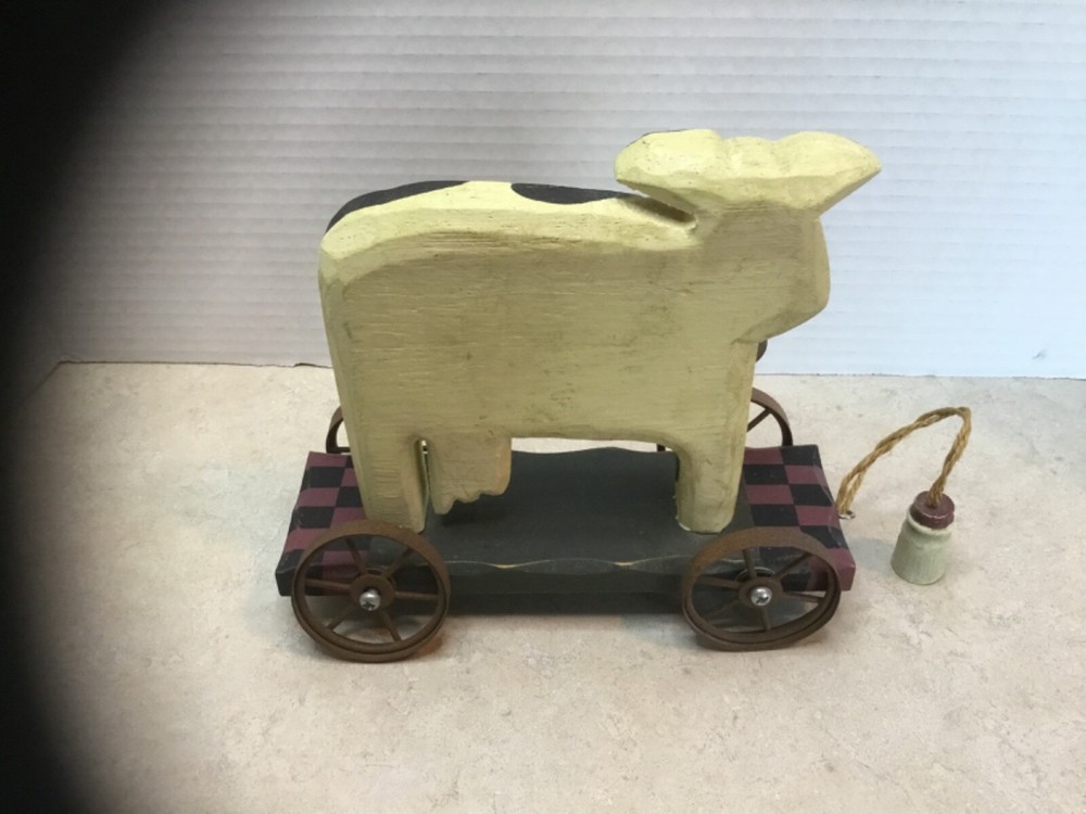 Primitive Wooden Cow Pull Toy with Bell Milk Bottle Pull