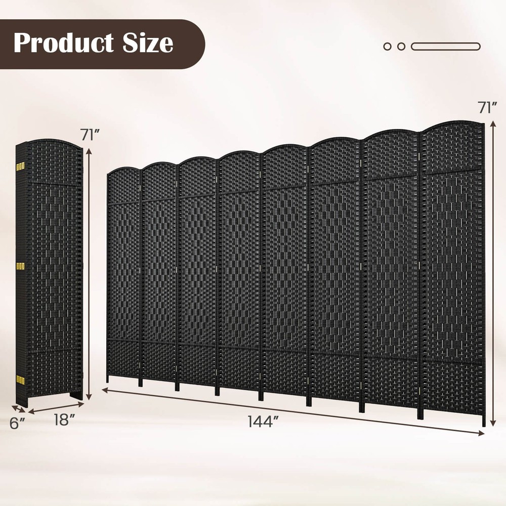 8-Panel Room Divider 6 FT Tall Folding Privacy Screen w/Solid Wood Frame