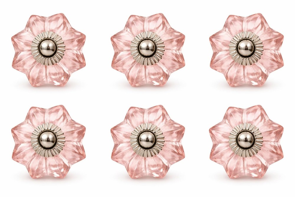 Pink Crystal Glass Cabinet Knobs – Decorative Drawer Pulls with Silver Met
