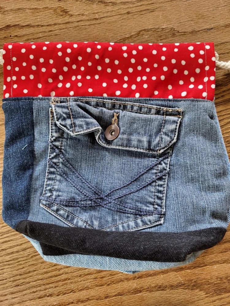 Upcycled Denim Project Bag: Drawstring Sock Sack for Knitters