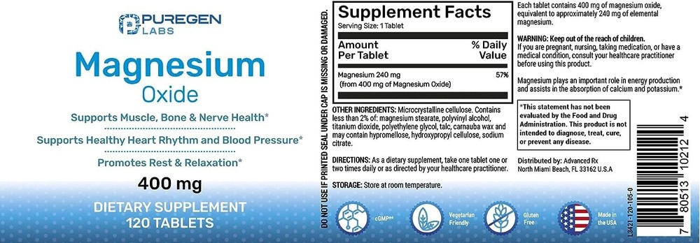 Puregen Magnesium Oxide 400mg High Potency Supplement 120 Tablets 1 Pack