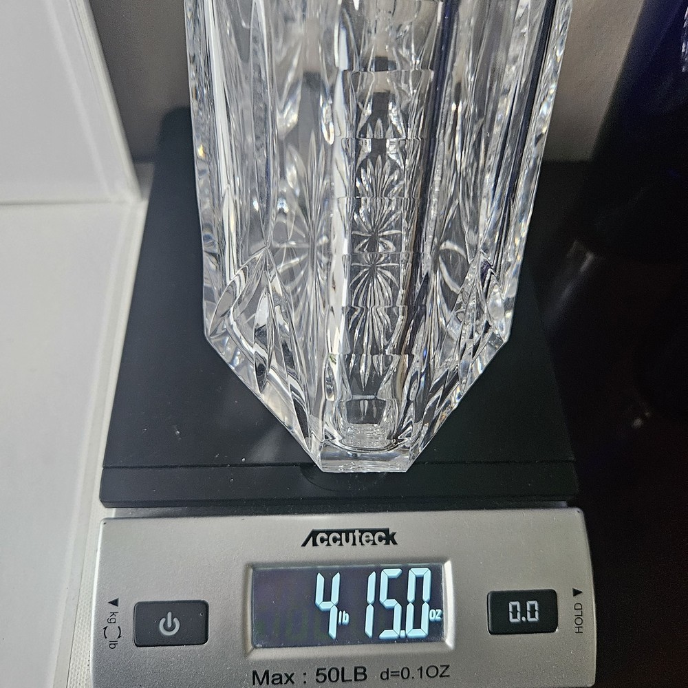 Vintage Block Cut Crystal Triangular Decanter & Stopper Olympic Pattern Heavy