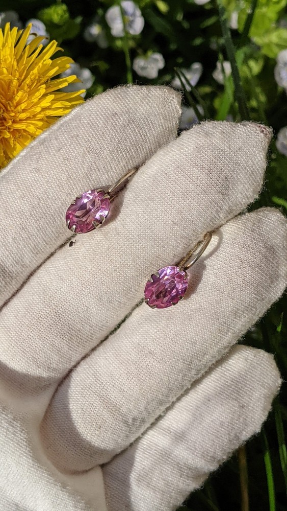 Vintage Soviet 875 Silver Earrings with Pink Ruby Tone Stones