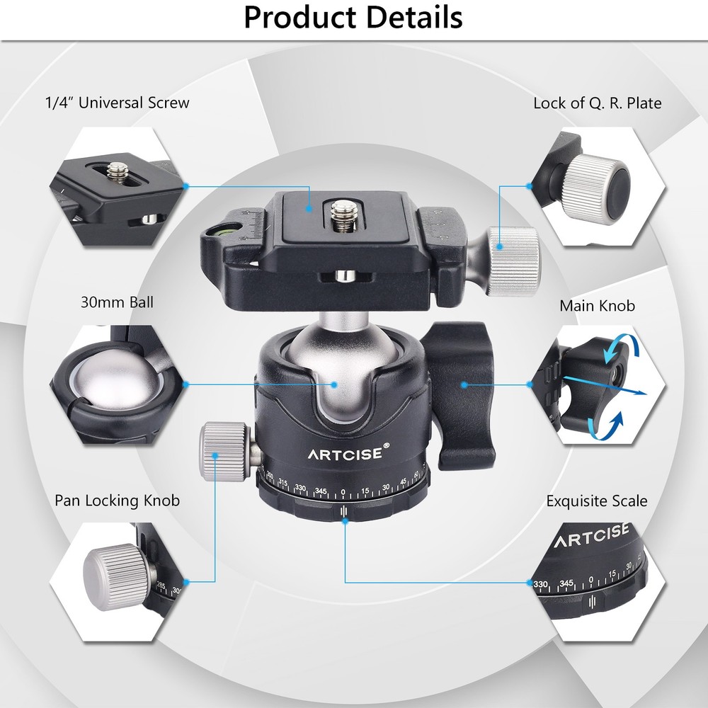 50MM/56MM Low Profile Tripod Head Panoramic Ball Head with Quick release Plate