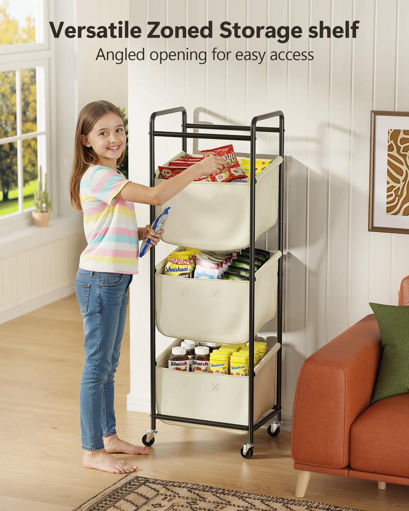 Moforoco Vertical Laundry Sorter 3 Section with Removable With Wheel, Beige