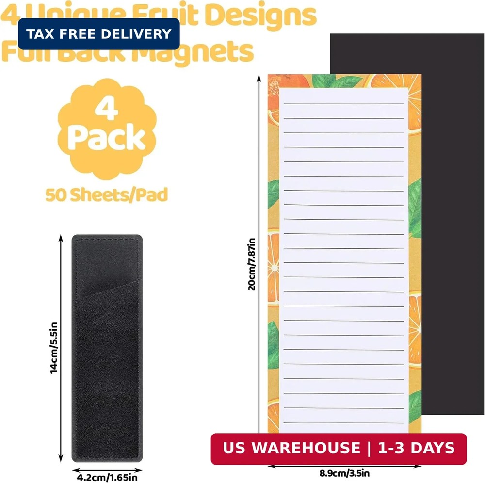 Thboxes 4 Pack Magnetic Note Pad for Fridge with Pen Holder, Totally 200 Sheets