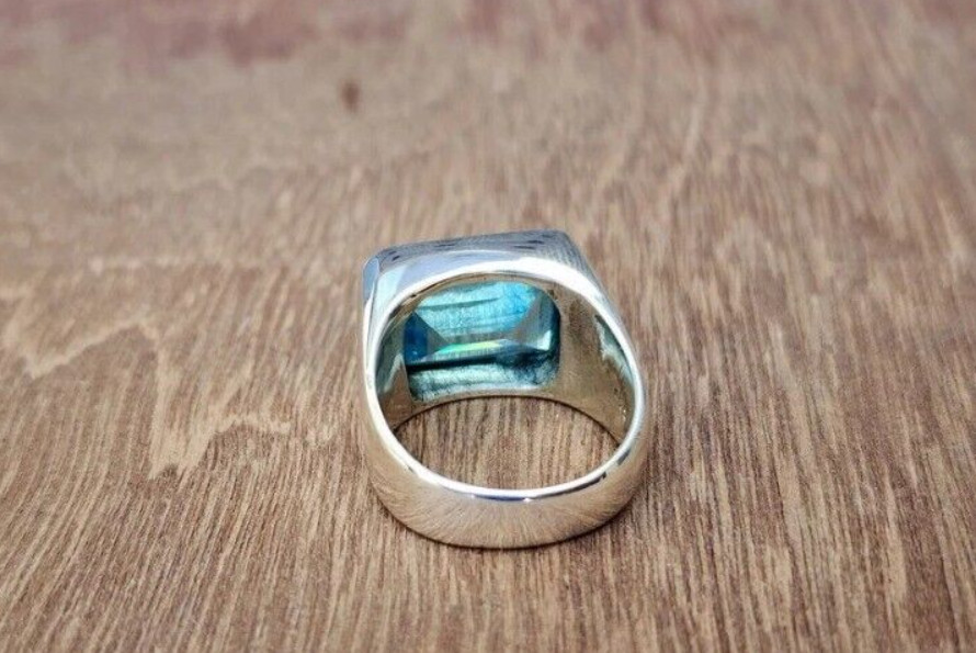 Solid 925 Sterling Silver Men's Ring Swiss Blue Topaz Ring Birthday Gift Ring