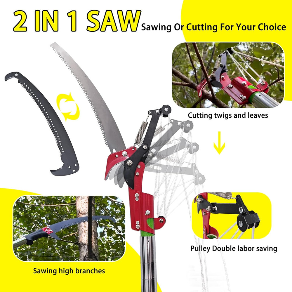 Manual Pole Saw, 7.3-27 Ft Extendable Tree Pruner, Sharp Steel Blade & Scissors