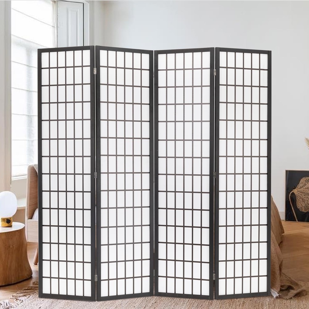 White Wooden 4 Panel Folding Room Divider with Removable Storage Shelves