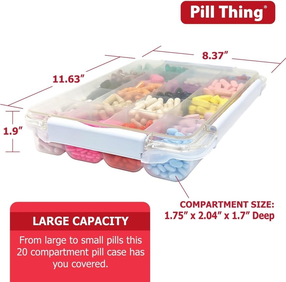 Large 20 Compartment Pill Case with Airtight Seal and Medication Map