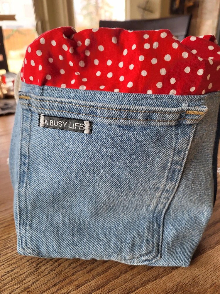 Upcycled Denim Project Bag: Drawstring Sock Sack for Knitters