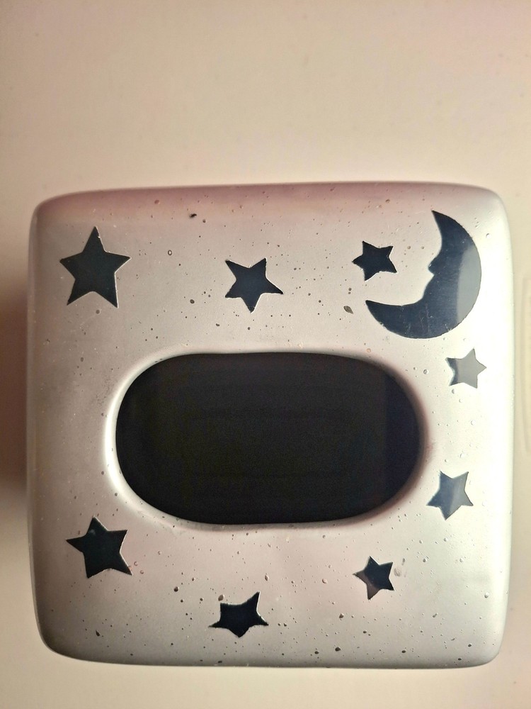 Celestial Silver Tissue Box, Moon, Sun, Stars, Heavy Ceramic