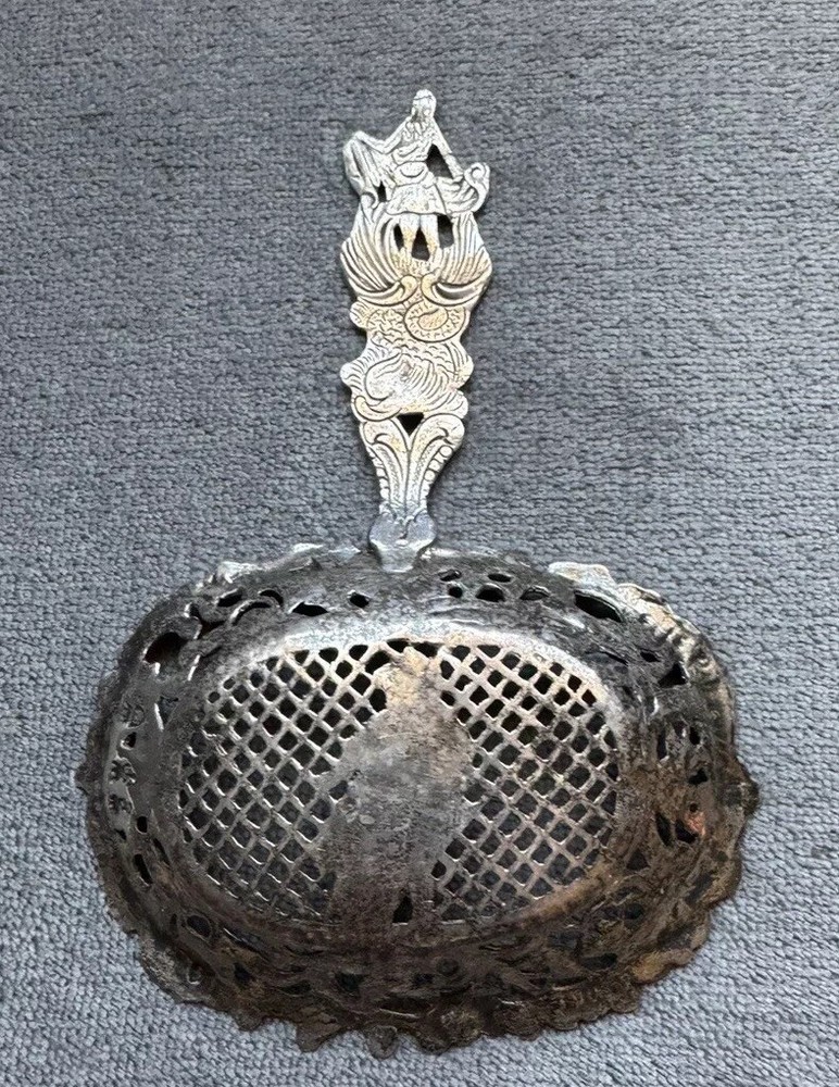 Antique Decorative TEA STRAINER 95% Sterling Silver Figural Hanau Marks