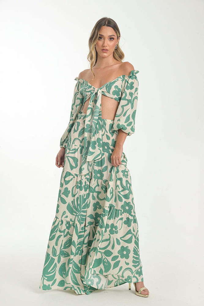 Green and White Off-Shoulder Set