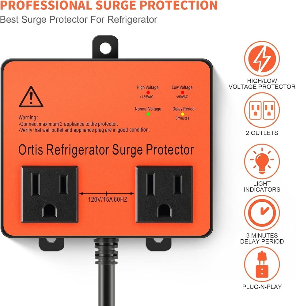 Reliable Voltage Surge Protector for Home Appliances - 2 Outlets, Orange Design