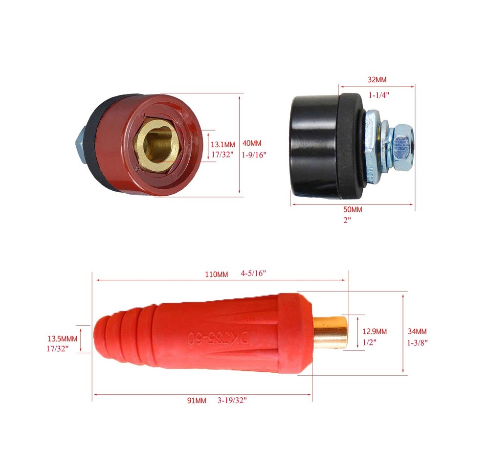 RIVERWELD TIG Welding Cable Panel Connector Plug & 35-50mm, Red and Black