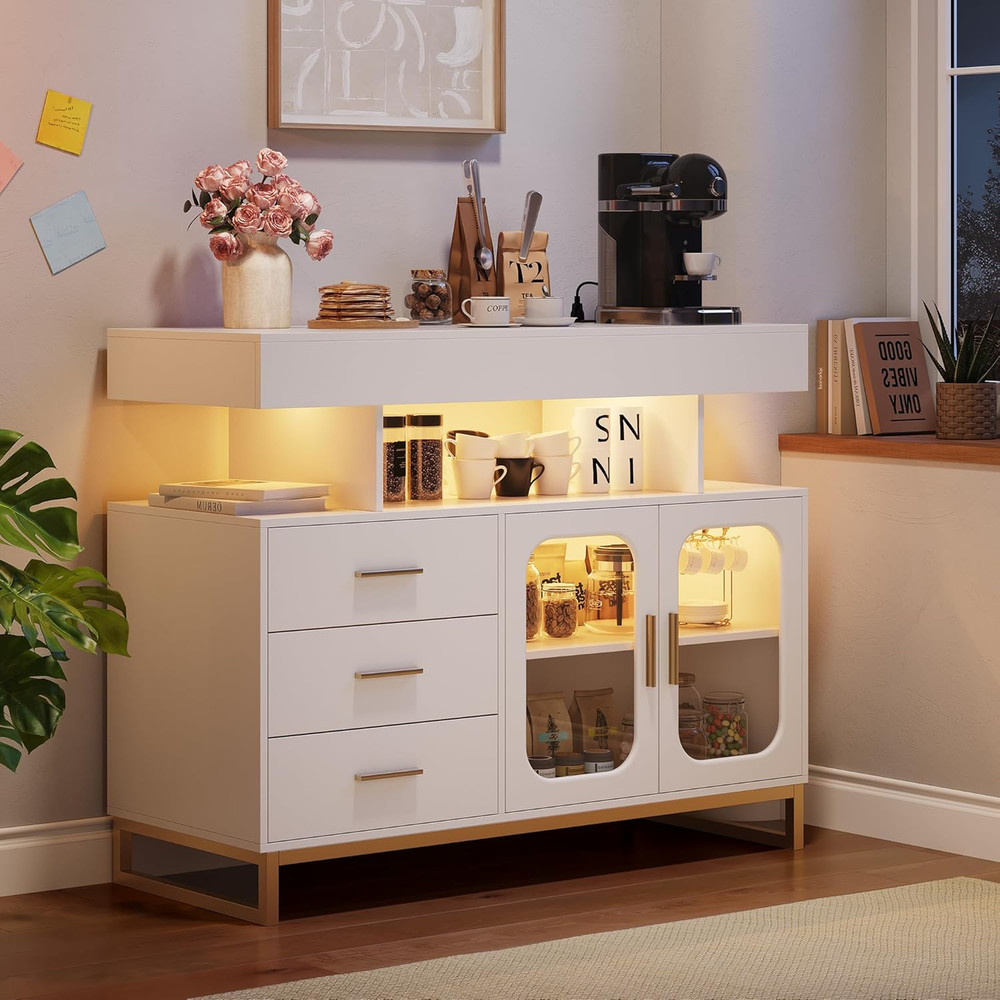 Modern Sideboard Buffet with RGB LED Lights & Charging Station, White