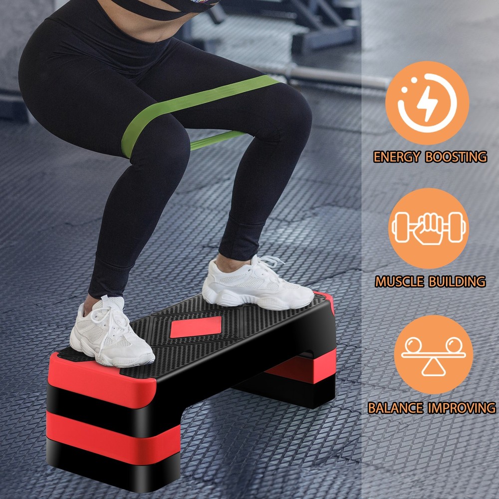 27" Aerobic Exercise Step Workout Step w/ 4" 6" 8" Adjustable Height Risers Red