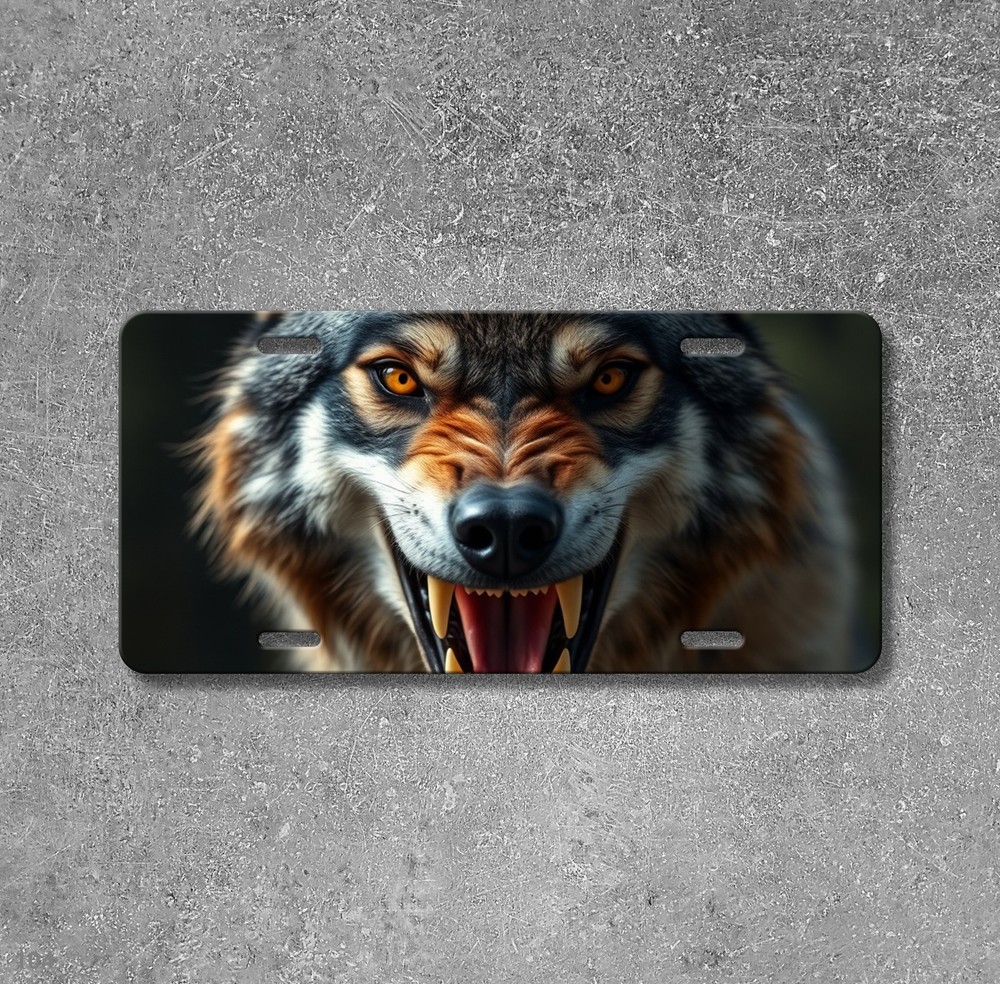 Aggressive Wolf License Plate with Fangs Customizable Auto Tag Unique Gift