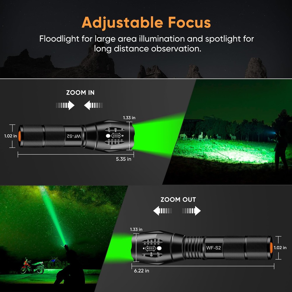 WINDFIRE Green Light LED Flashlight Super Bright Zoomable