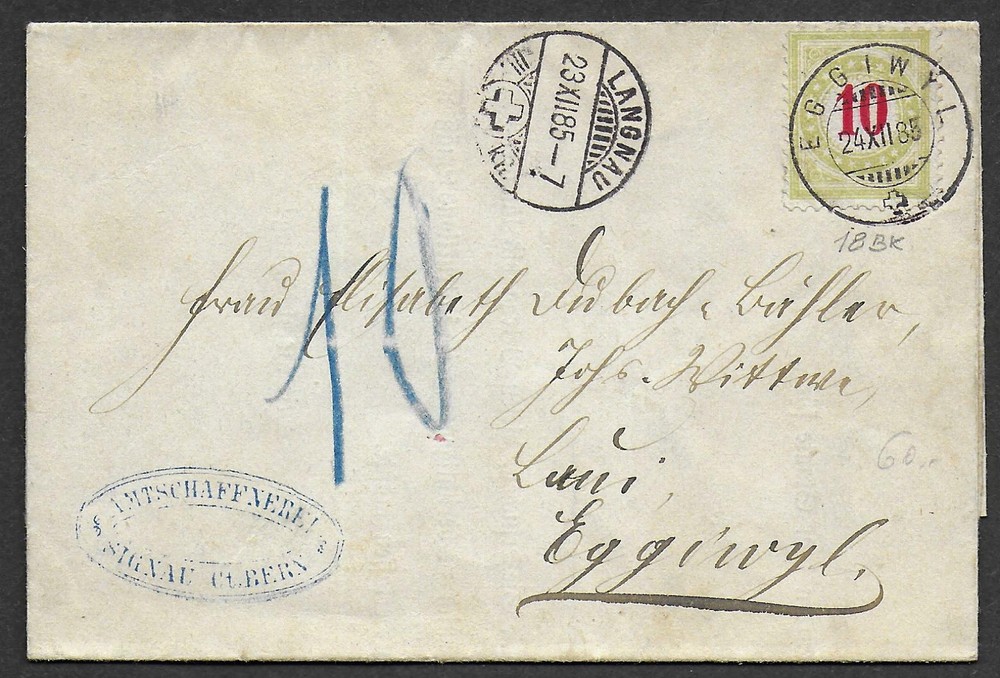 Switzerland covers 1885 10c DUE folded Mahnbrief Eggiwyl