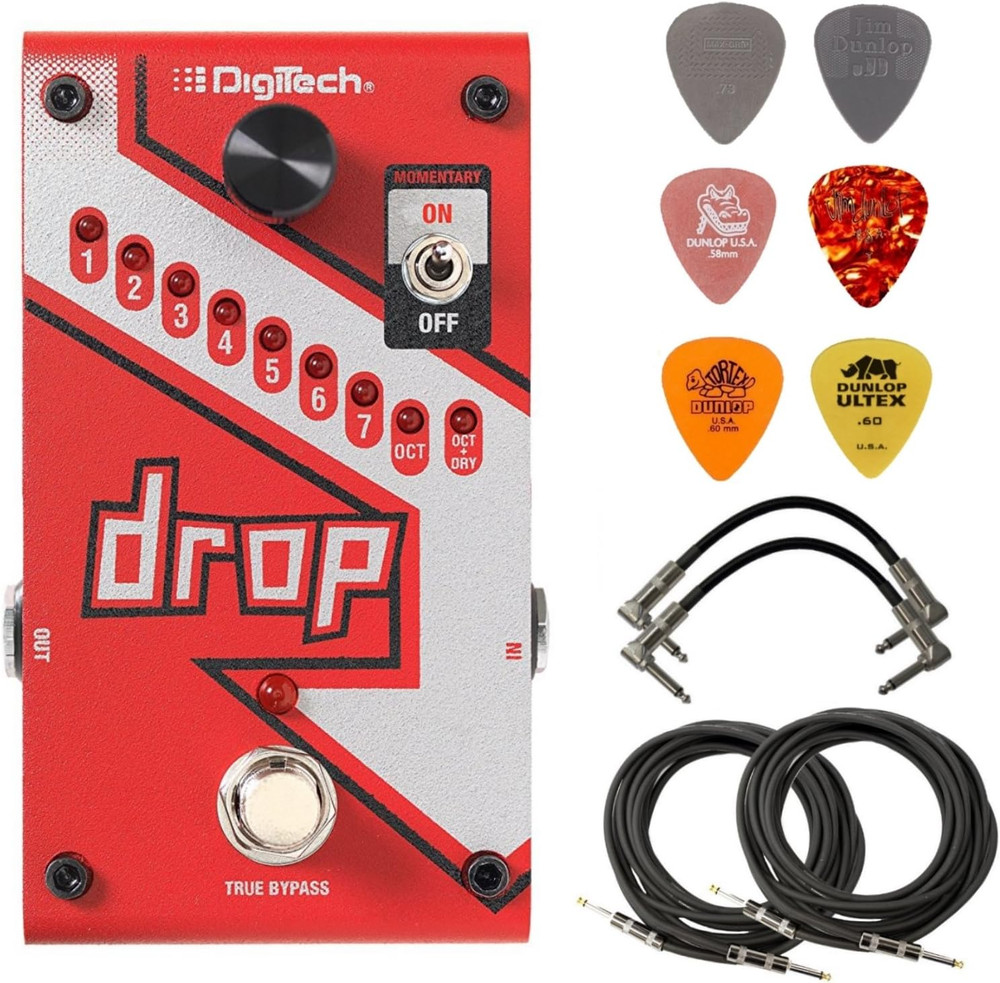 DROP Polyphonic Drop Tune Pitch-Shifter Pedal Bundle with 2 Patch Cables, 2 Inst