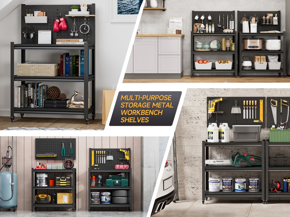Metal Workshop Shelving Work Bench Garage Tool Storage Shelves W/Pegboard Wheels
