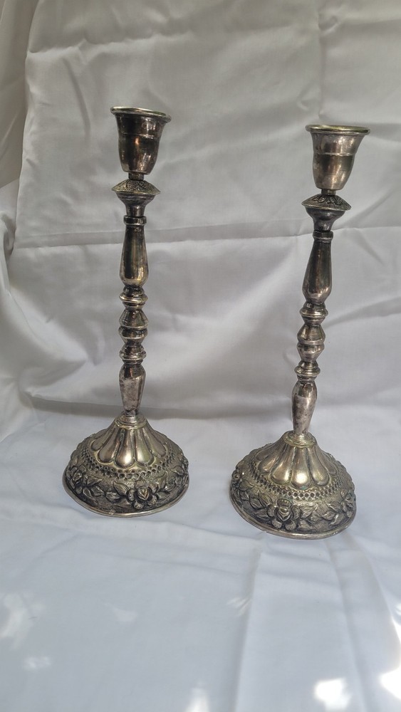 Two 13" Aztec Rose silver plated candlesticks rustic, heavy.  unmarked
