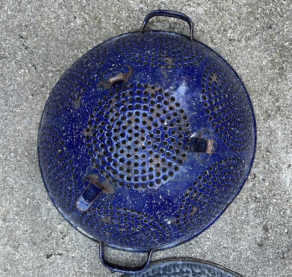 Antique Blue Porcelain Colander And Granite ware Colander