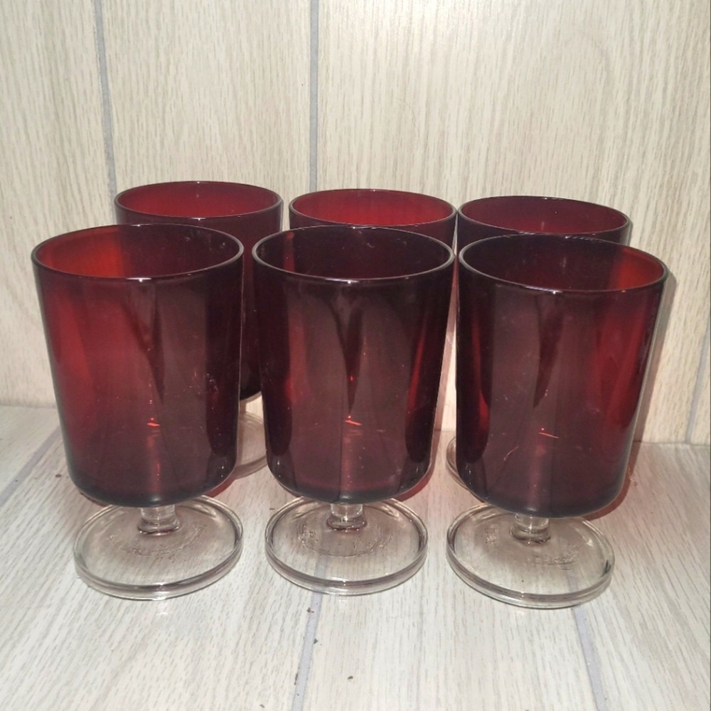 Vintage Ruby Red Cavalier Crystal Wine Goblets Glasses Barware MCM