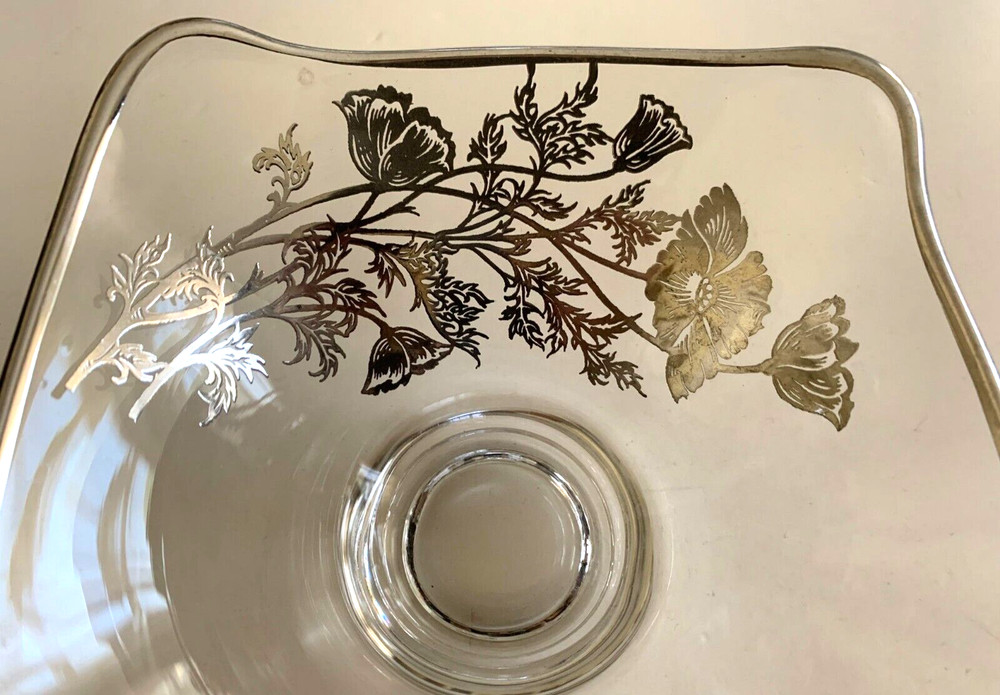 SILVER OVERLAY GLASS CANDY DISH VINTAGE