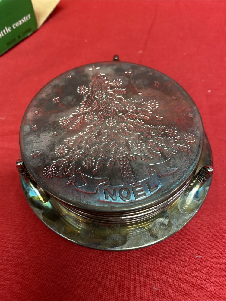 Silver Plated Christmas 7 Pcs Coaster Set Deeply Engraved Christmas Tree