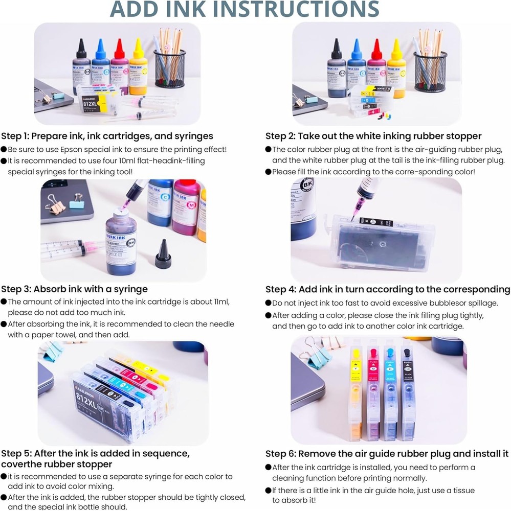 High-Yield Refillable Ink Cartridges Compatible with Epson WF-7840 & More