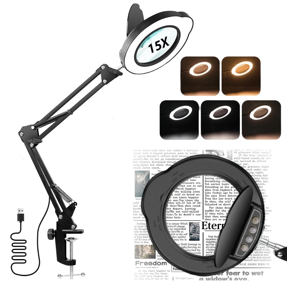 15X Magnifier Lamp with Protective Cover Adjustable LED Light for Precision Work
