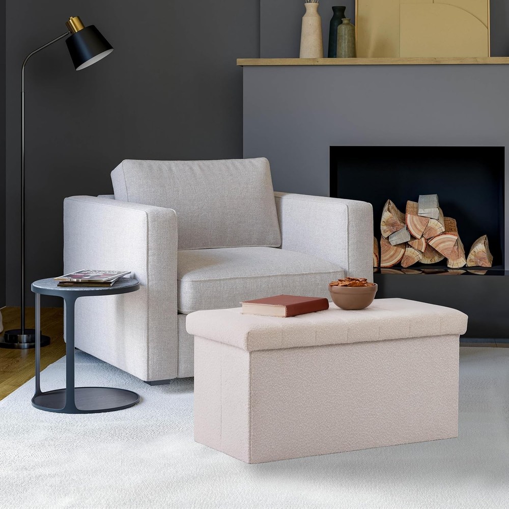 Space-Saving White Boucle Storage Bench - Elegant Ottoman for Home Decor