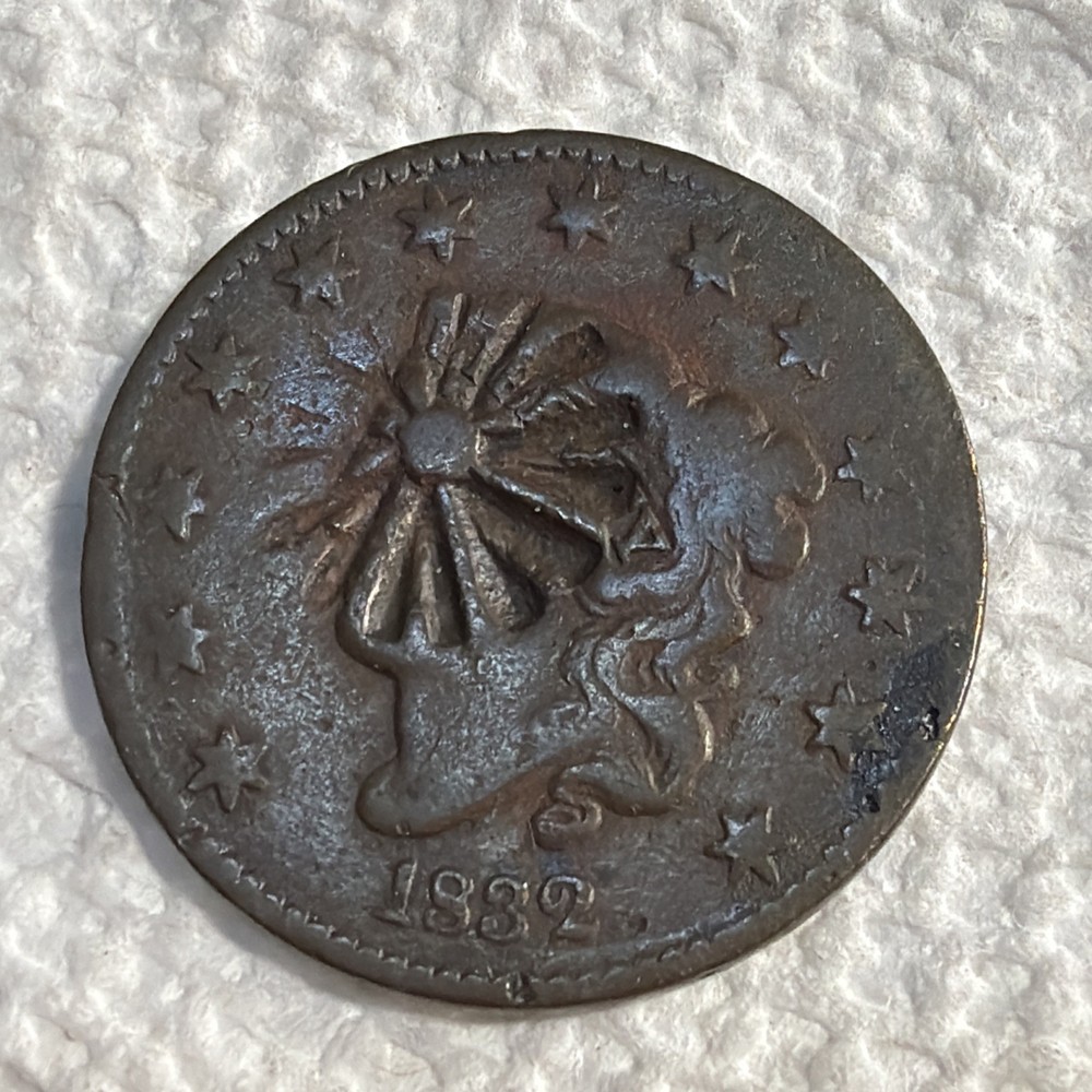 1832 Coronet Head Large Cent, Medium Letters, sun counterstamp