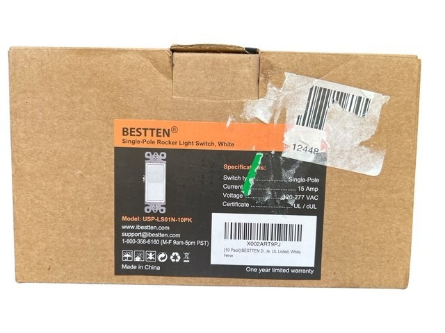 BESTTEN 10 pack Single Pole Rocker Light Switch - White 15 amp, voltage 120- 277