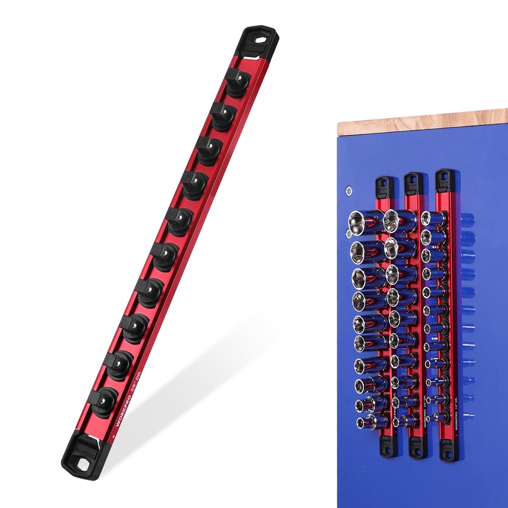 WORKPRO 3/8" Drive Magnetic Socket Organizer with 10Pcs Removable Socket Clips