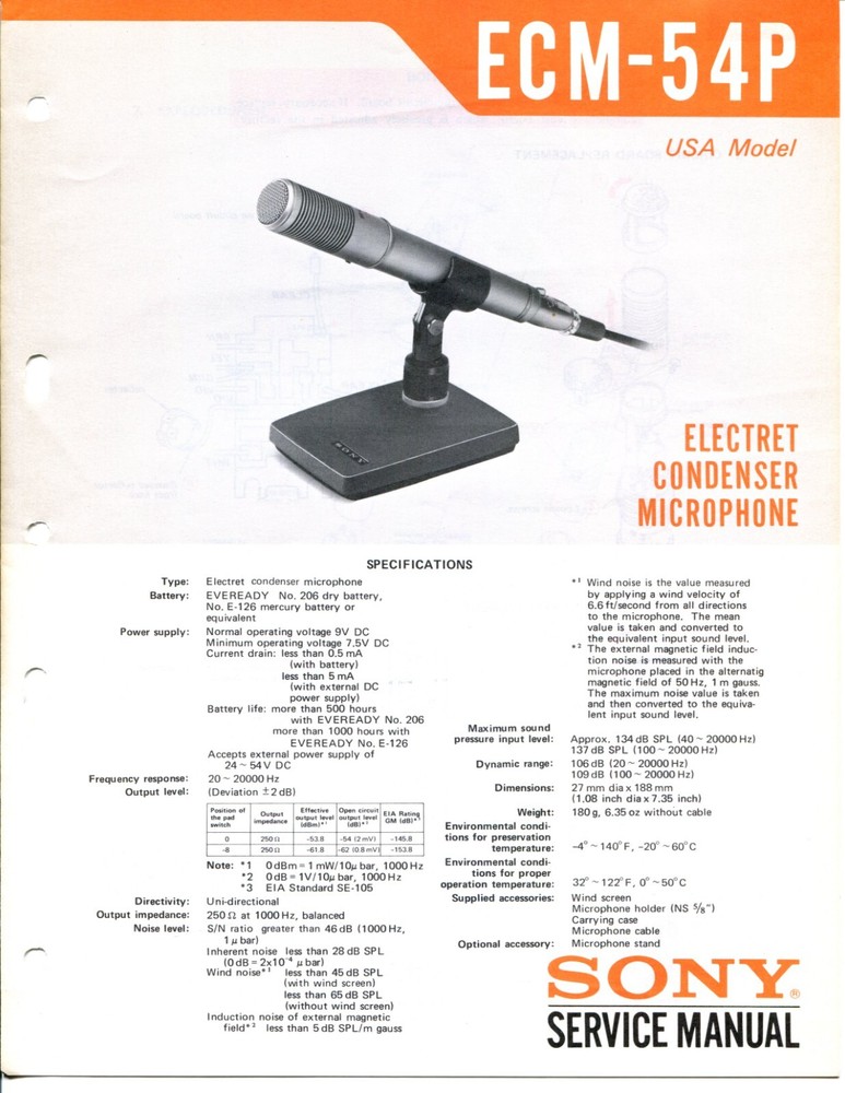 Sony Model ECM-54P Electret Condenser Microphone Service Manual