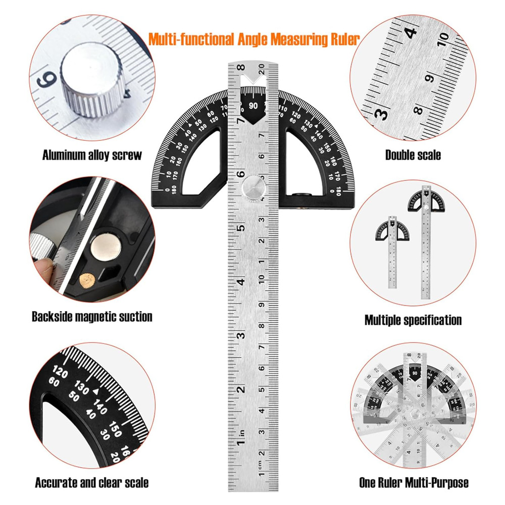 Protractor Angle Finder Stainless Steel Angle Ruler with 0-180 Degrees Adjustabl