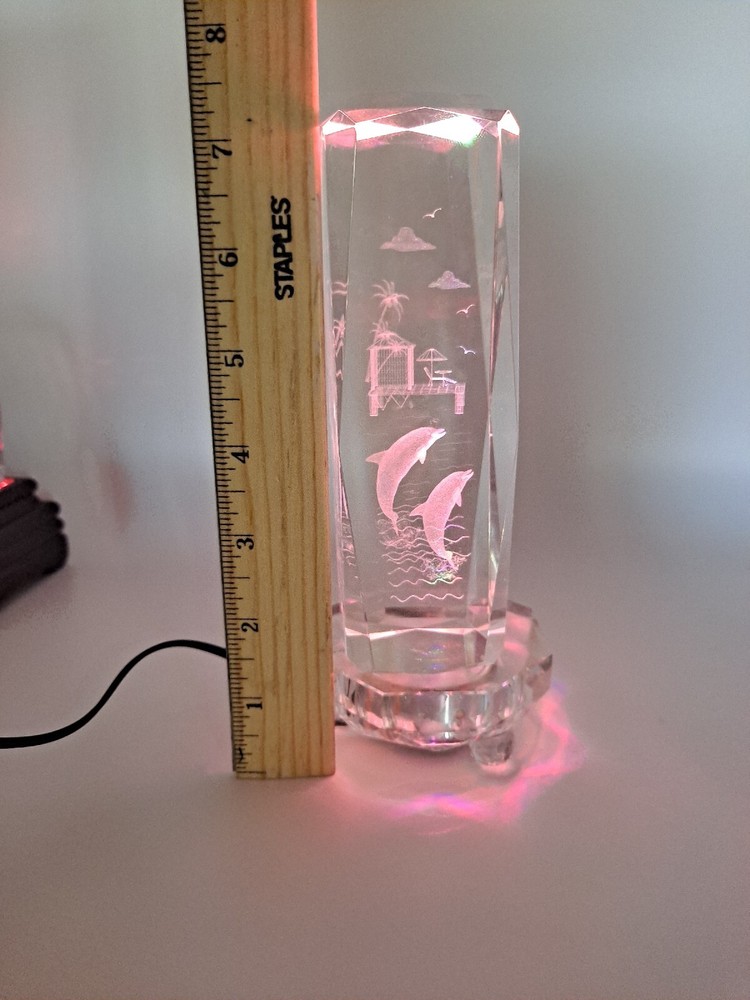 Crystal 3D Laser Etched Dolphins With Lighted Base