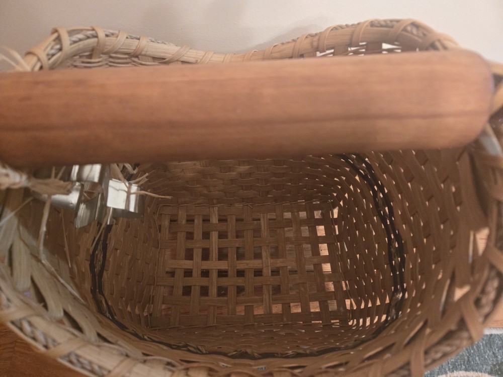 Handmade Wicker Market Basket Rolling Pin Handle With Legs Rare Grannycore